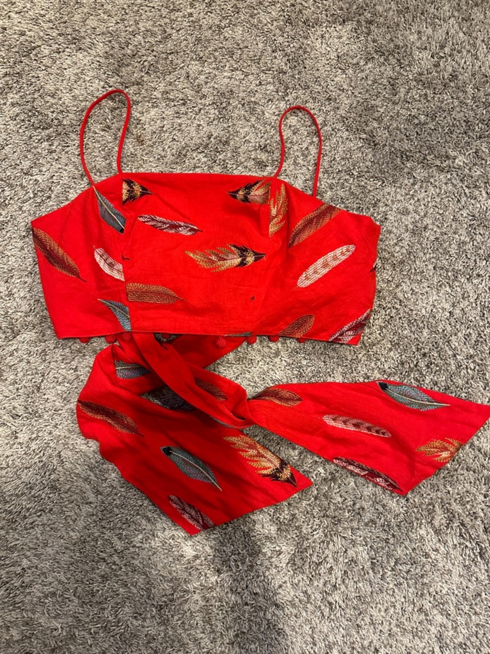 FARM Rio Red Feather-Print Wrap Crop Top with Spaghetti Straps